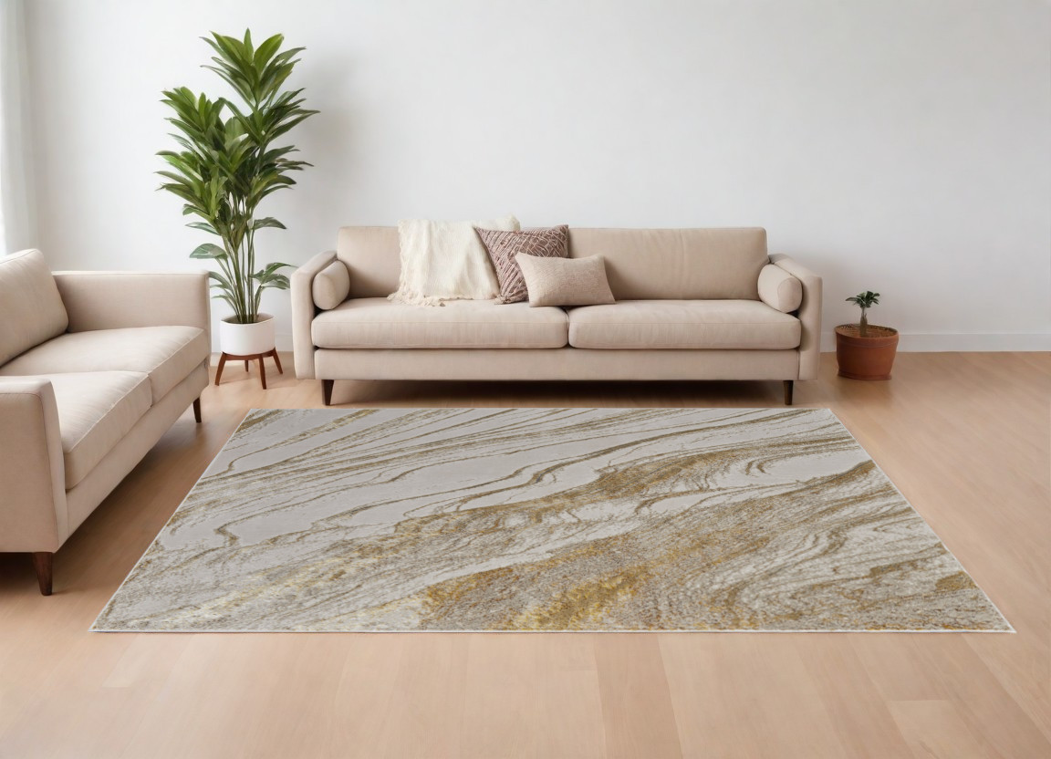 566584 7 x 10 ft. Abstract Power Loom Rectangle Area Rug, Ivory, Brown & Gold