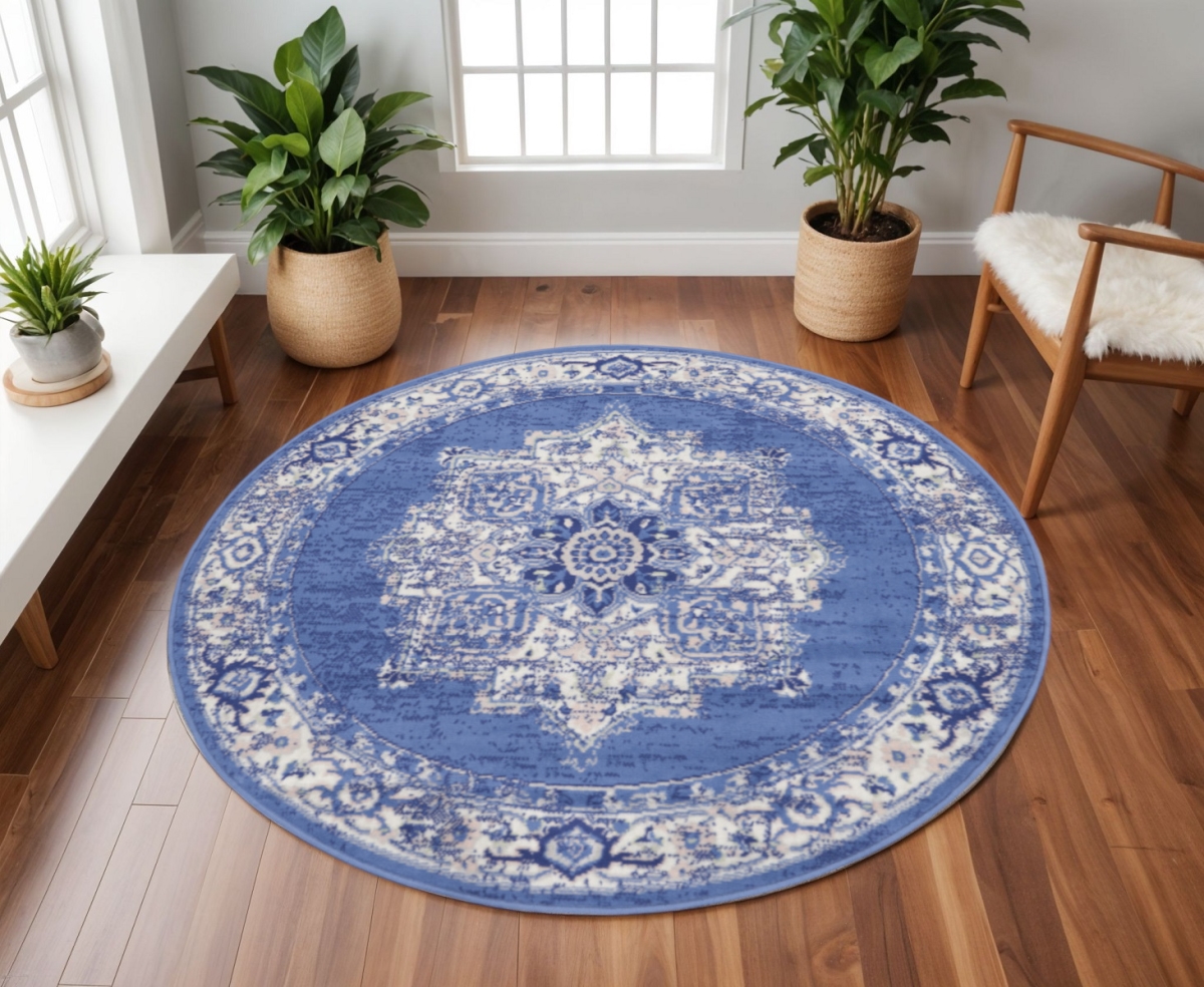 552315 8 ft. Floral Medallion Round Rug, Ivory, Navy Blue & Beige