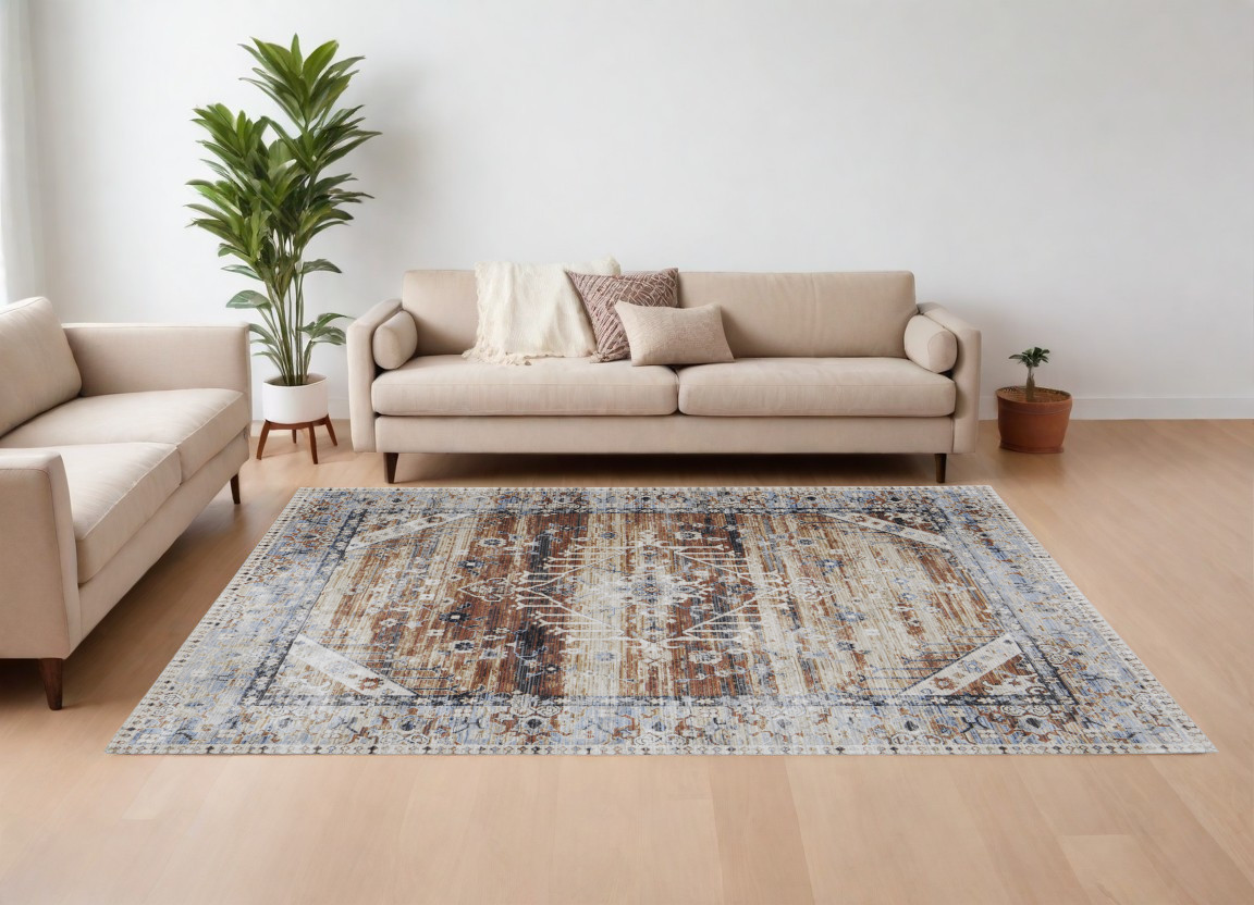 567386 7 x 10 ft. Abstract Power Loom Worn Faded Rectangle Area Rug, Ivory, Red & Blue