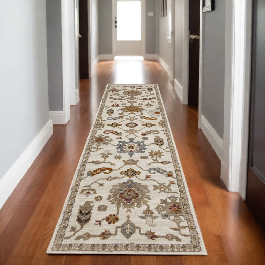 576118 8 ft. Oriental Runner Rug, Ivory, Gray & Orange