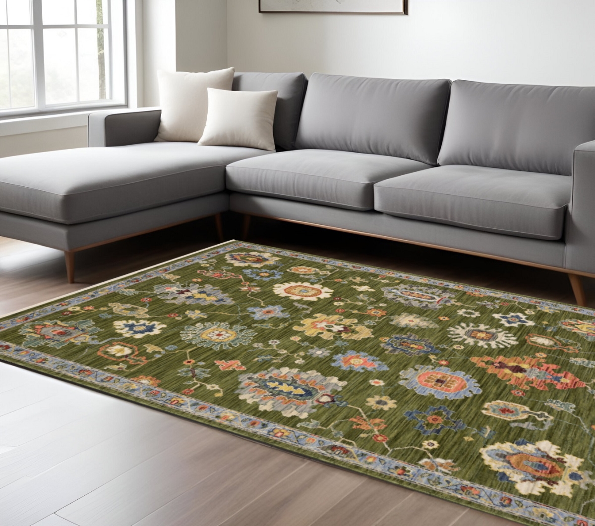576497 10 x 13 ft. Green, Blue & Yellow Oriental Machine Made Traditional Rectangle Area Rug with Fringe