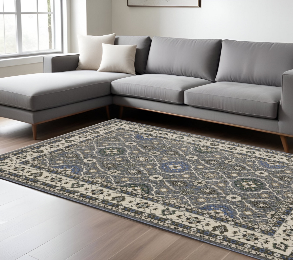 574933 7 x 10 ft. Oriental Rectangle Area Rug with Fringe, Blue & Gray
