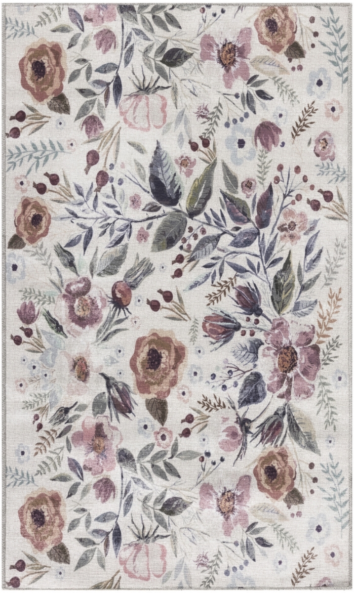546009 3 x 5 ft. Floral Power Loom Washable Non Skid Rectangle Area Rug - Pink & Ivory