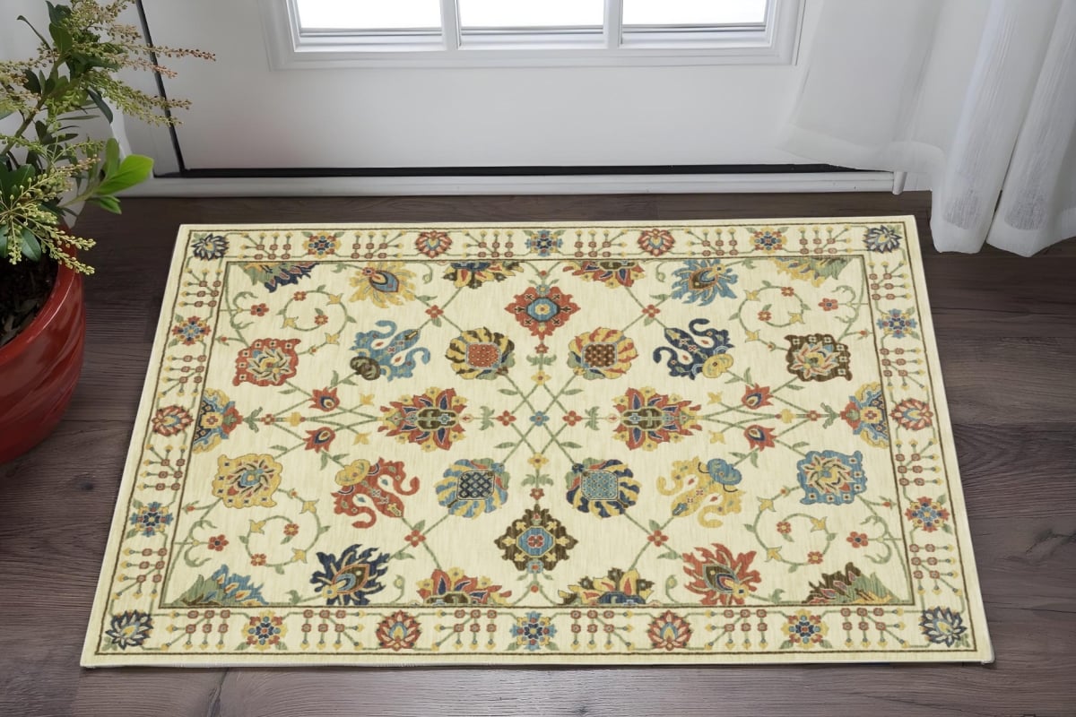 575164 2 x 3 ft. Oriental Rectangle Area Rug with Fringe, Ivory, Blue & Yellow