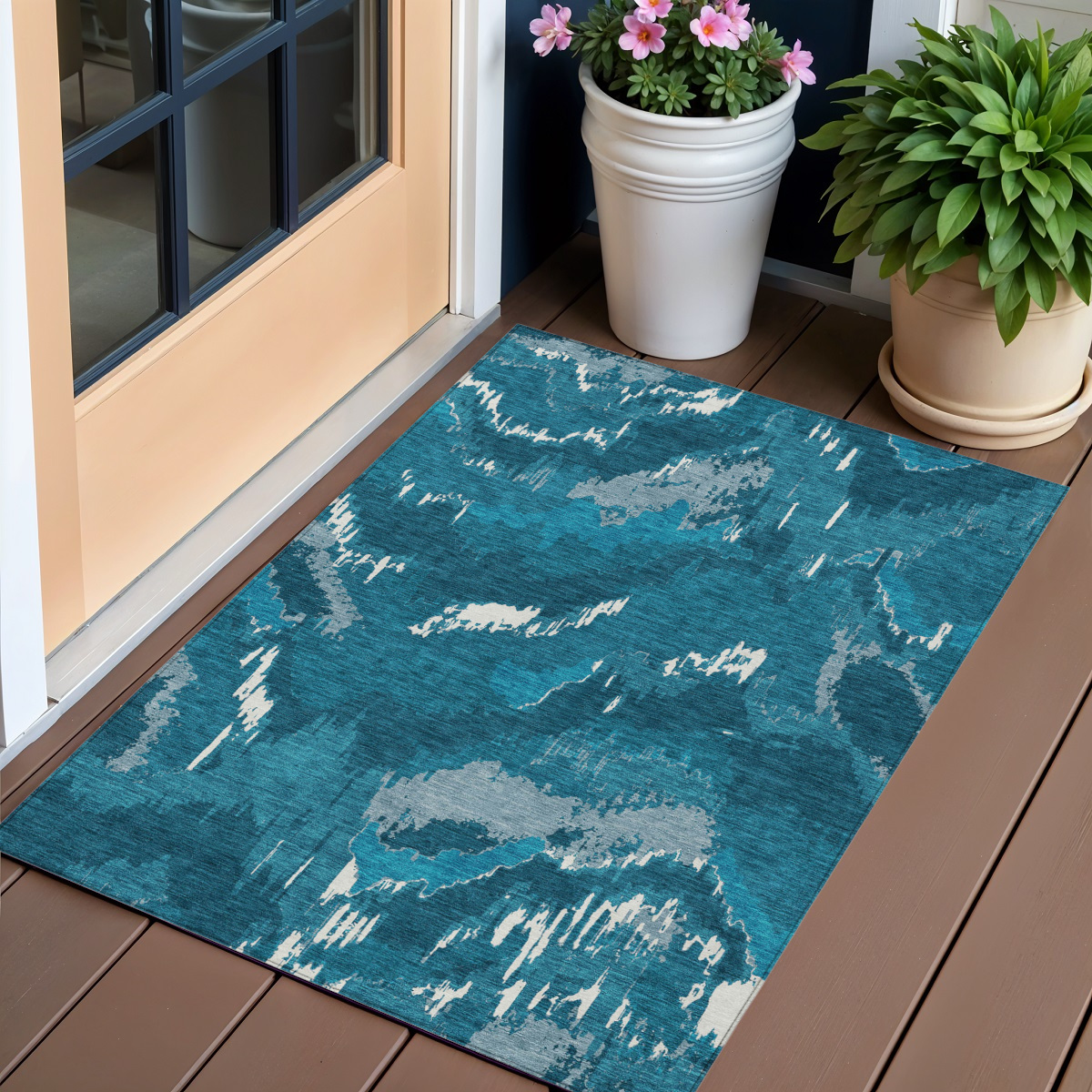 590190 3 x 5 ft. Abstract Washable Indoor & Outdoor Rectangle Area Rug, Navy Blue & Teal Blue