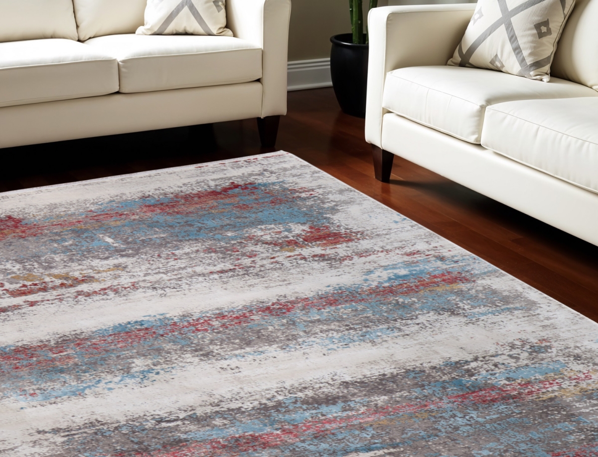 566059 13 x 20 ft. Abstract Power Loom Rectangle Area Rug with Fringe, Gray, Blue & Red