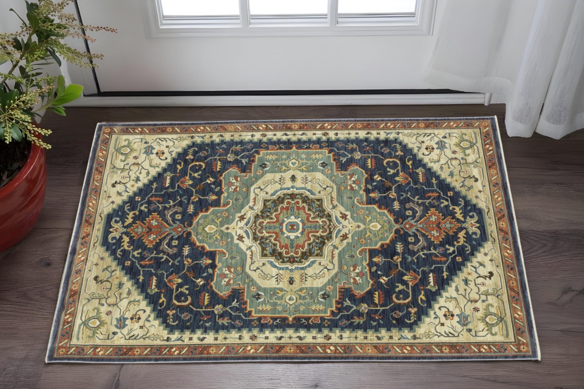 575173 2 x 3 ft. Oriental Rectangle Area Rug with Fringe, Blue, Ivory & Orange