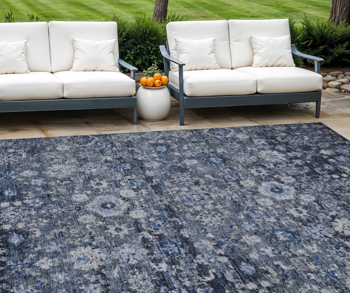 Oriental Washable Area Rug - Navy Blue & Sky Blue - 8 x 10 ft - Stain Resistant