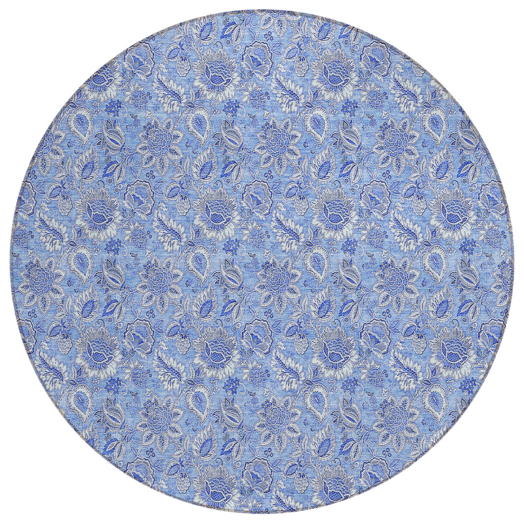 580588 8 ft. Round Floral Washable Indoor & Outdoor Area Rug, Navy Blue & Denim Blue