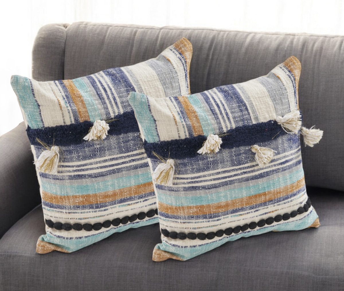 554579 Blue Striped Cotton Throw Pillow with Tassels - Set of 2