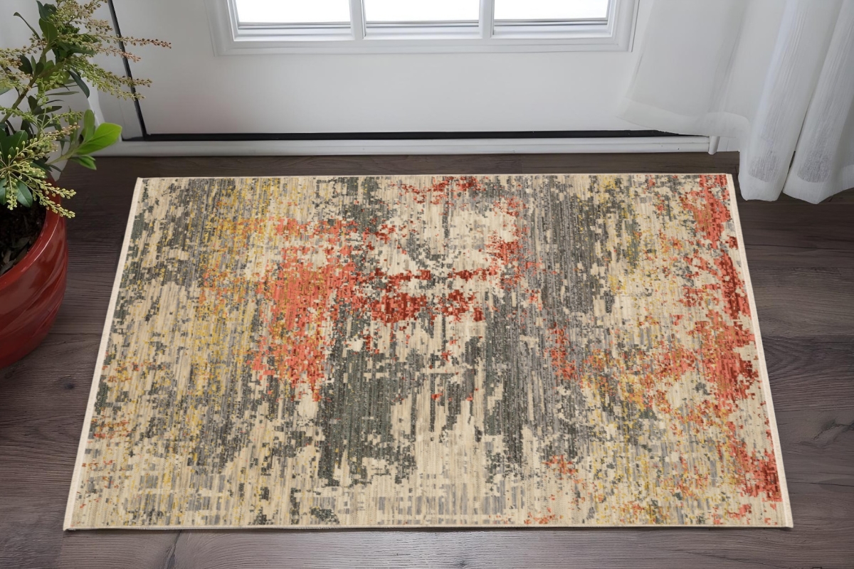 575476 3 x 5 ft. Abstract Rectangle Area Rug with Fringe, Beige & Pink