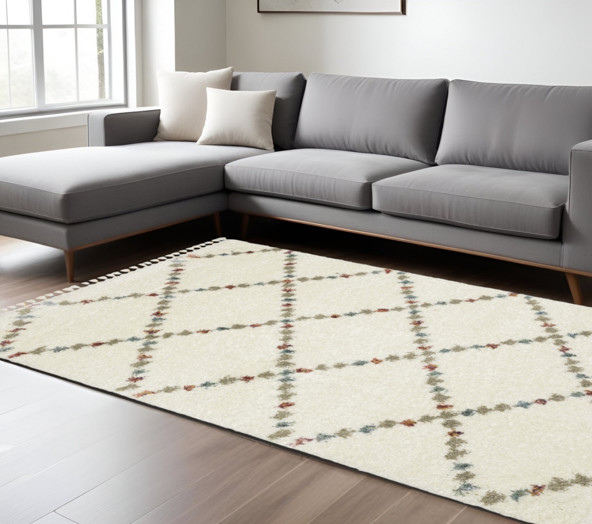 574664 8 x 11 ft. Diamond Shag Rectangle Area Rug with Fringe, Ivory, Tan & Gray
