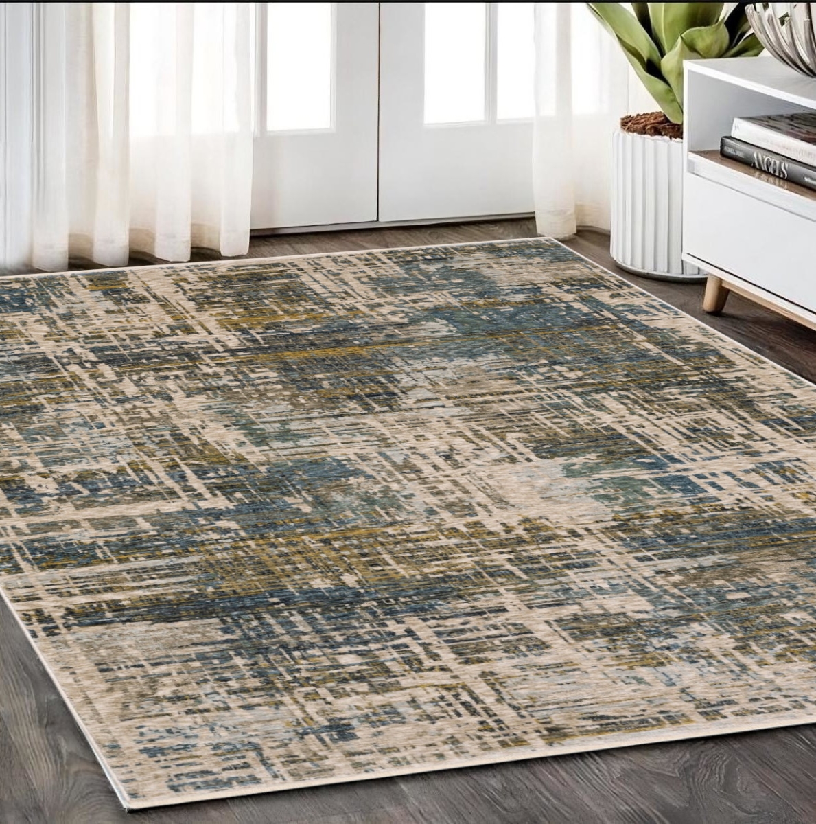 574765 5 x 8 ft. Abstract Distressed Rectangle Area Rug with Fringe, Blue & Gold