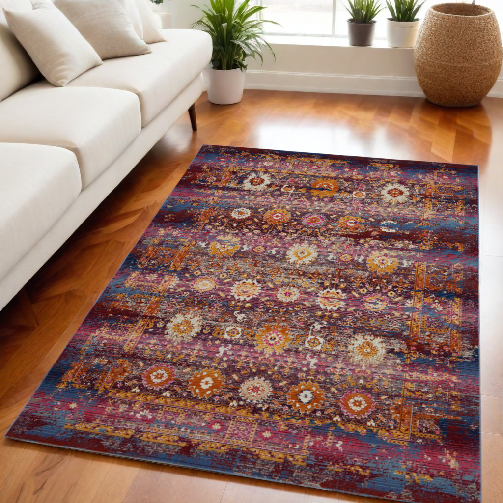 553346 5 x 8 ft. Floral Distressed Non Skid Rectangle Area Rug, Blue, Yellow & Red