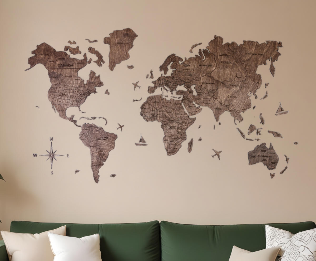Picture of HomeRoots 521279 47 x 79 in. Dark Brown Wood World Map Hanging Dimensional Sculpture