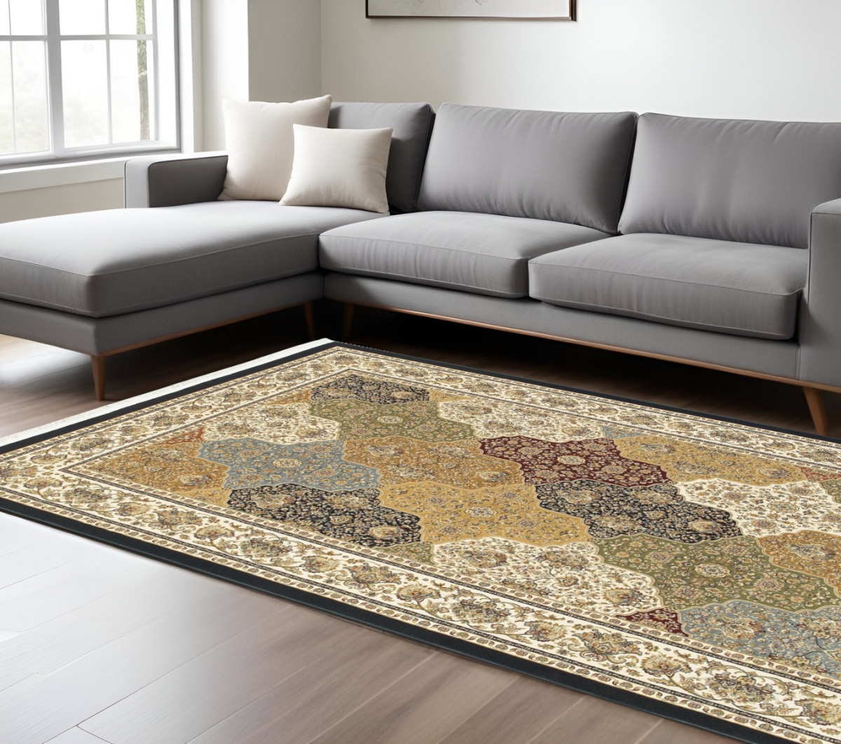 575972 7 x 10 ft. Oriental Rectangle Area Rug with Fringe, Navy Blue, Tan & Ivory