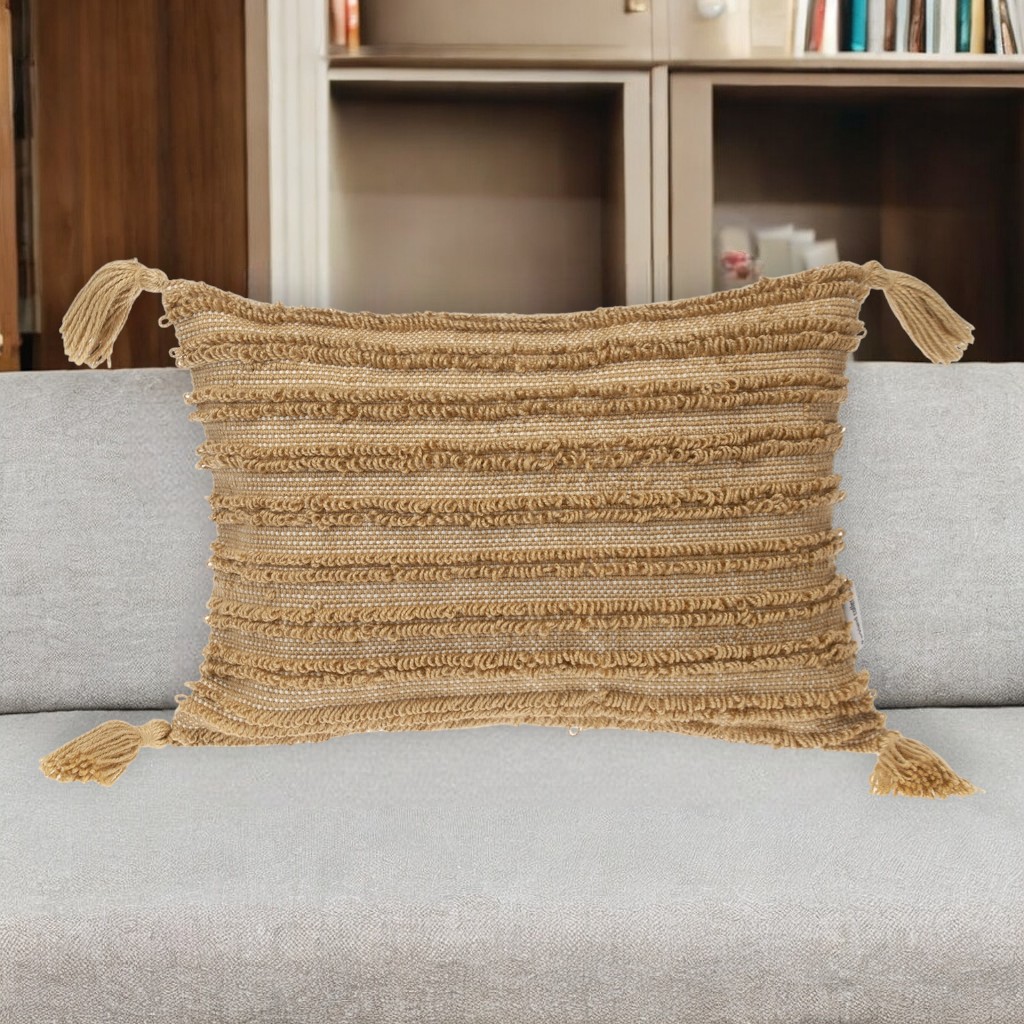 529233 14 x 20 in. Beige Striped Cotton Throw Pillow with Tassels