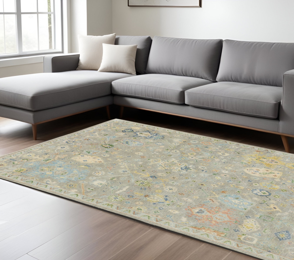 576457 10 x 14 ft. Wool Oriental Hand Knotted Rectangle Area Rug with Fringe, Gray, Green & Yellow