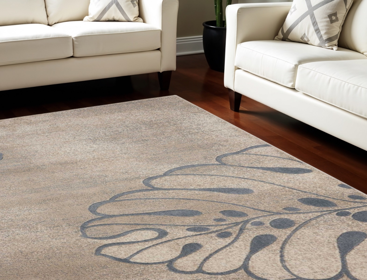 551500 9 x 13 ft. Botanical Leaves Non Skid Rectangle Area Rug, Beige & Gray