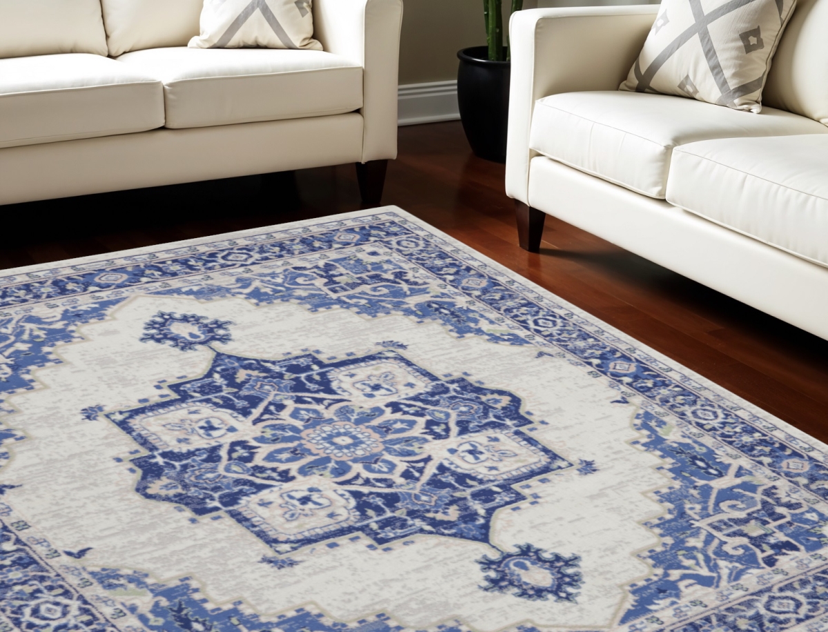 550634 7 x 10 ft. Floral Medallion Distressed Non Skid Rectangle Area Rug, Ivory & Blue