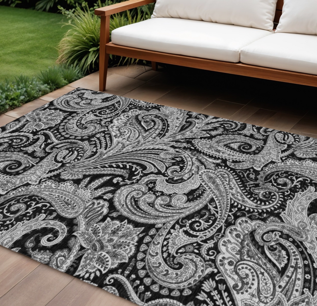 580152 9 x 12 ft. Paisley Washable Indoor & Outdoor Rectangle Area Rug, Black, Gray & White