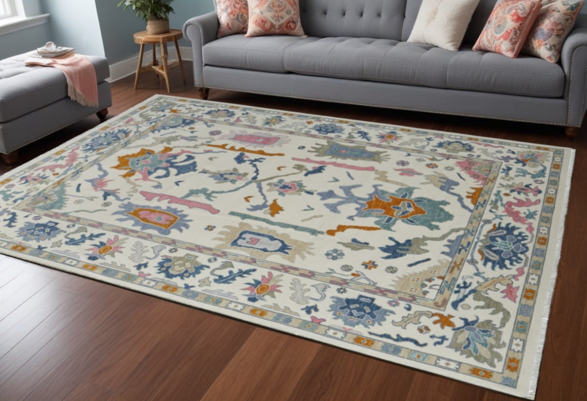 566312 8 x 10 ft. Blue Ivory & Pink Wool Floral Hand Knotted Rectangle Area Rug with Fringe