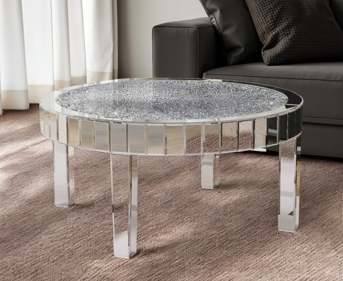 568901 31 in. Silver Mirrored Glass & Faux Crystal Round Coffee Table