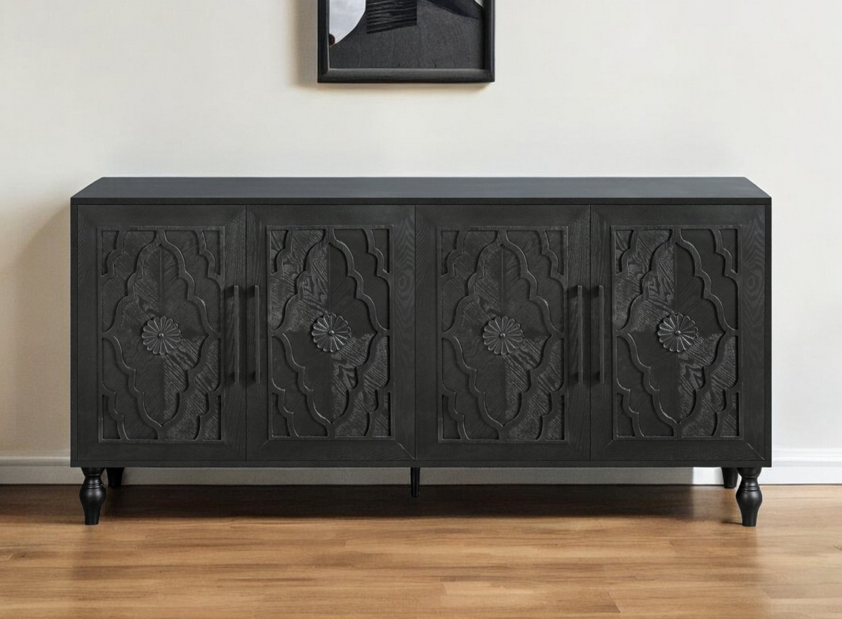568413 68 in. Black Distressed Carved Floral Sideboard with Four Doors