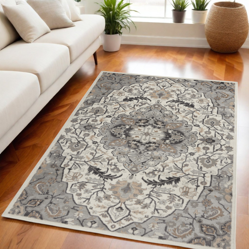 550164 5 x 7 ft. Floral Non Skid Rectangle Area Rug, Gray & Ivory