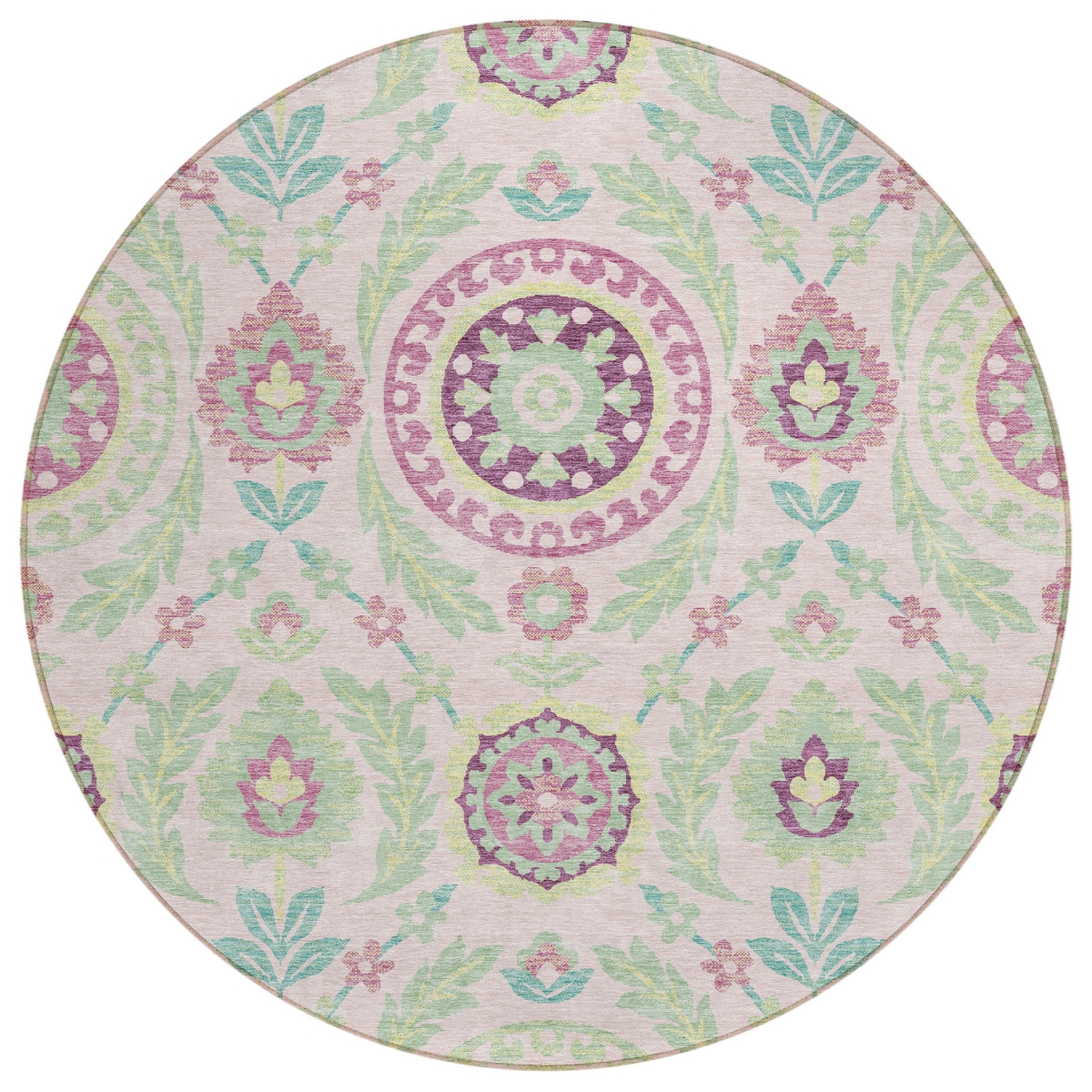 584934 8 ft. Round Floral Washable Indoor & Outdoor Area Rug, Pink, Mauve & Mint Green