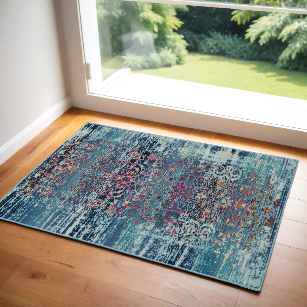 553368 2 x 4 ft. Floral Distressed Rectangle Area Rug, Blue, Red & Orange