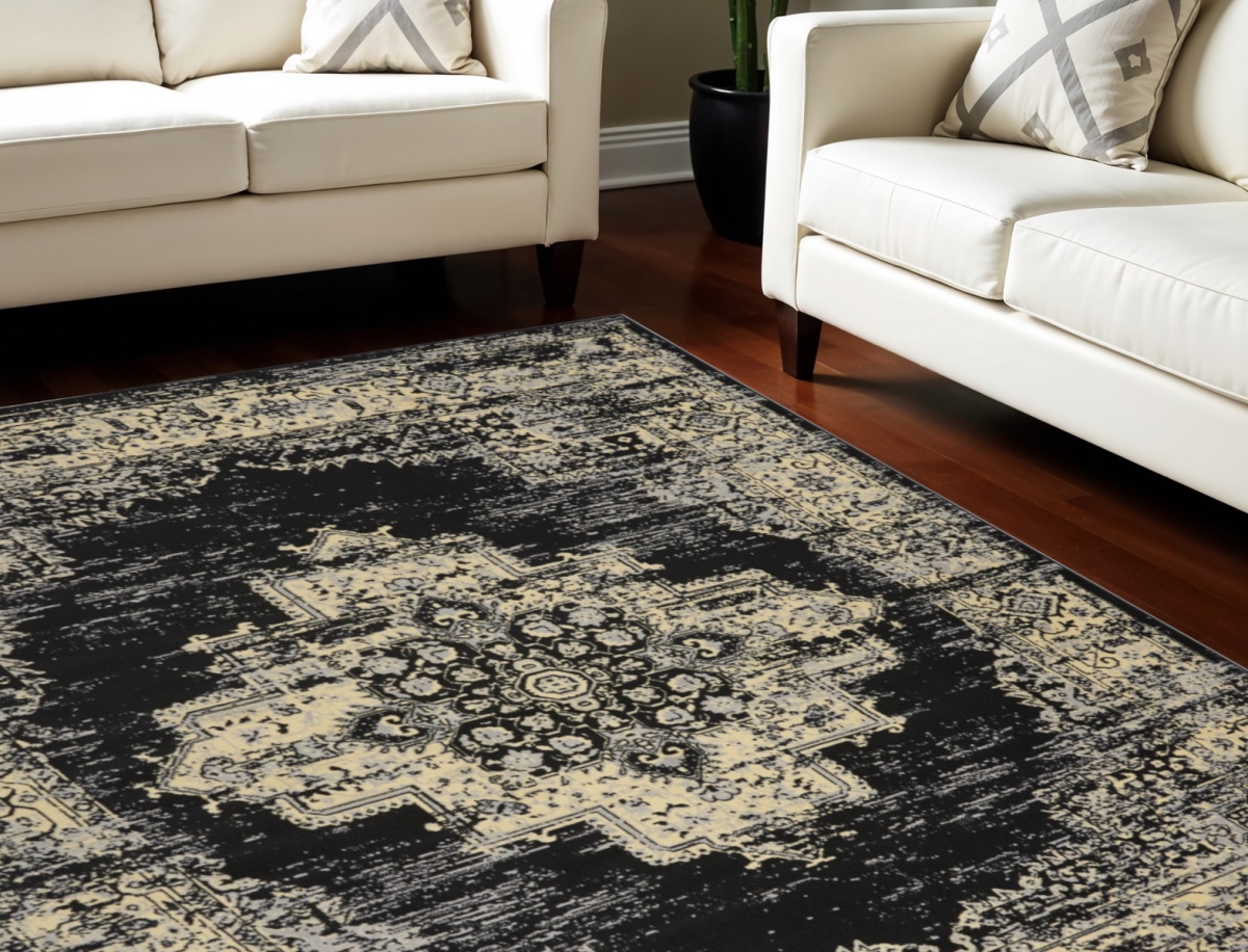 554733 9 x 12 ft. Medallion Distressed Non Skid Rectangle Area Rug, Black & Tan
