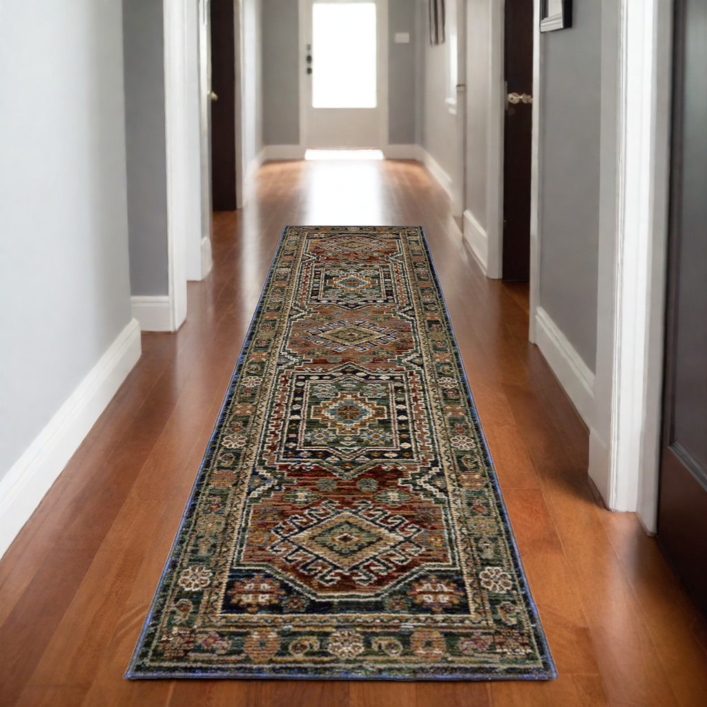 576124 8 ft. Blue Rust & Light Brown Tribal Runner Rug
