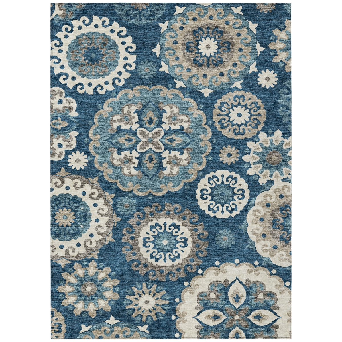 585705 10 x 14 ft. Floral Medallion Washable Indoor & Outdoor Rectangle Area Rug, Navy Blue & Taupe