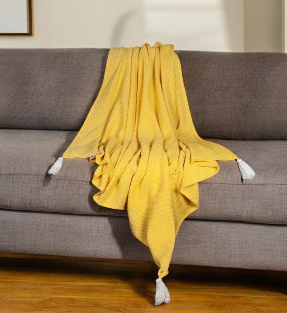 Yellow Woven Cotton Throw Blanket - 50 x 60 in. - Soft with Tassels