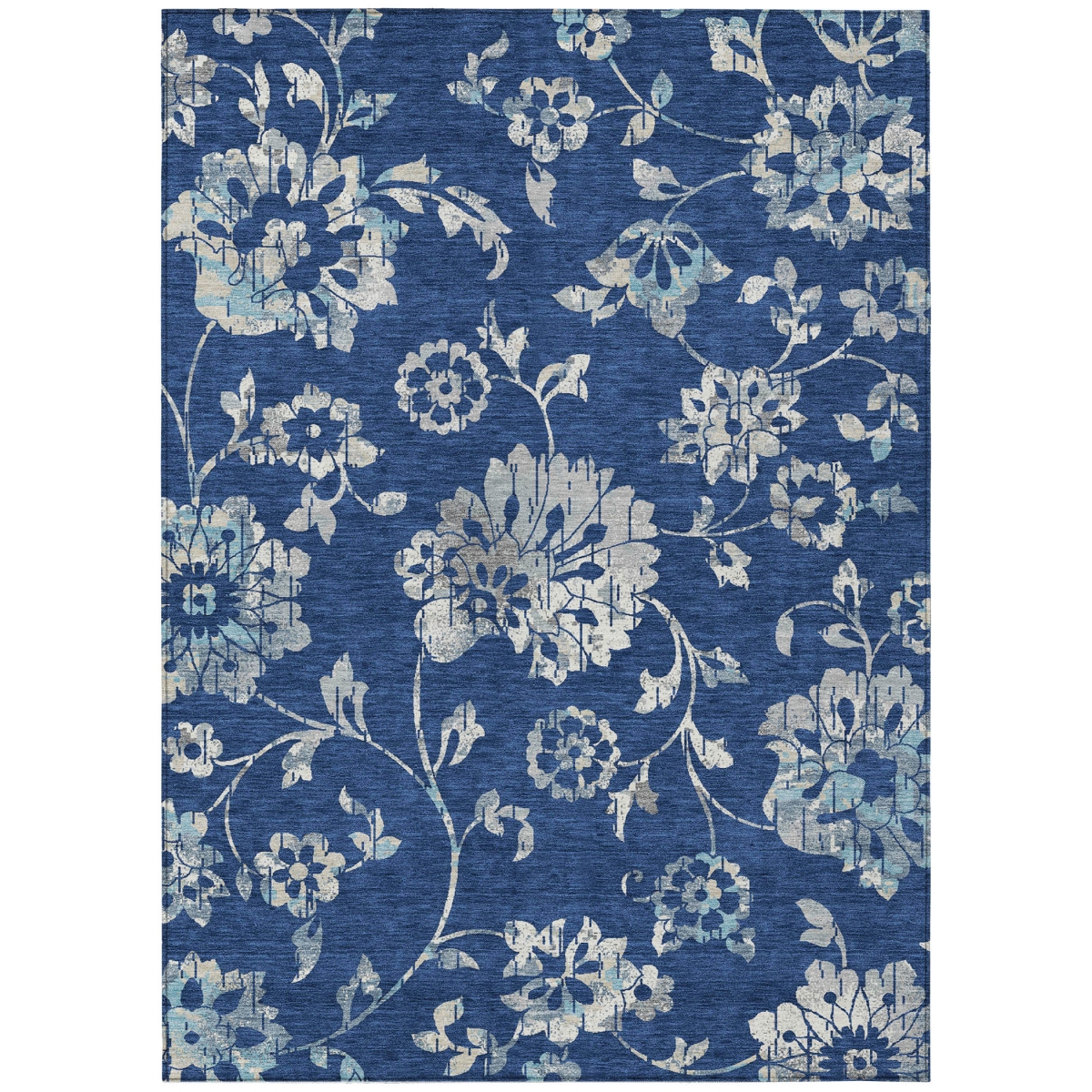 589487 10 x 14 ft. Floral Washable Indoor & Outdoor Rectangle Area Rug, Navy Blue & Gray
