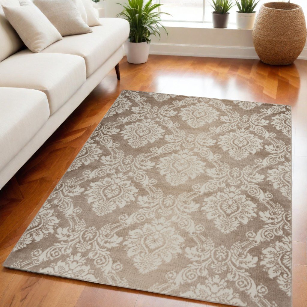 550161 5 x 7 ft. Damask Distressed Non Skid Rectangle Area Rug, Taupe & Ivory