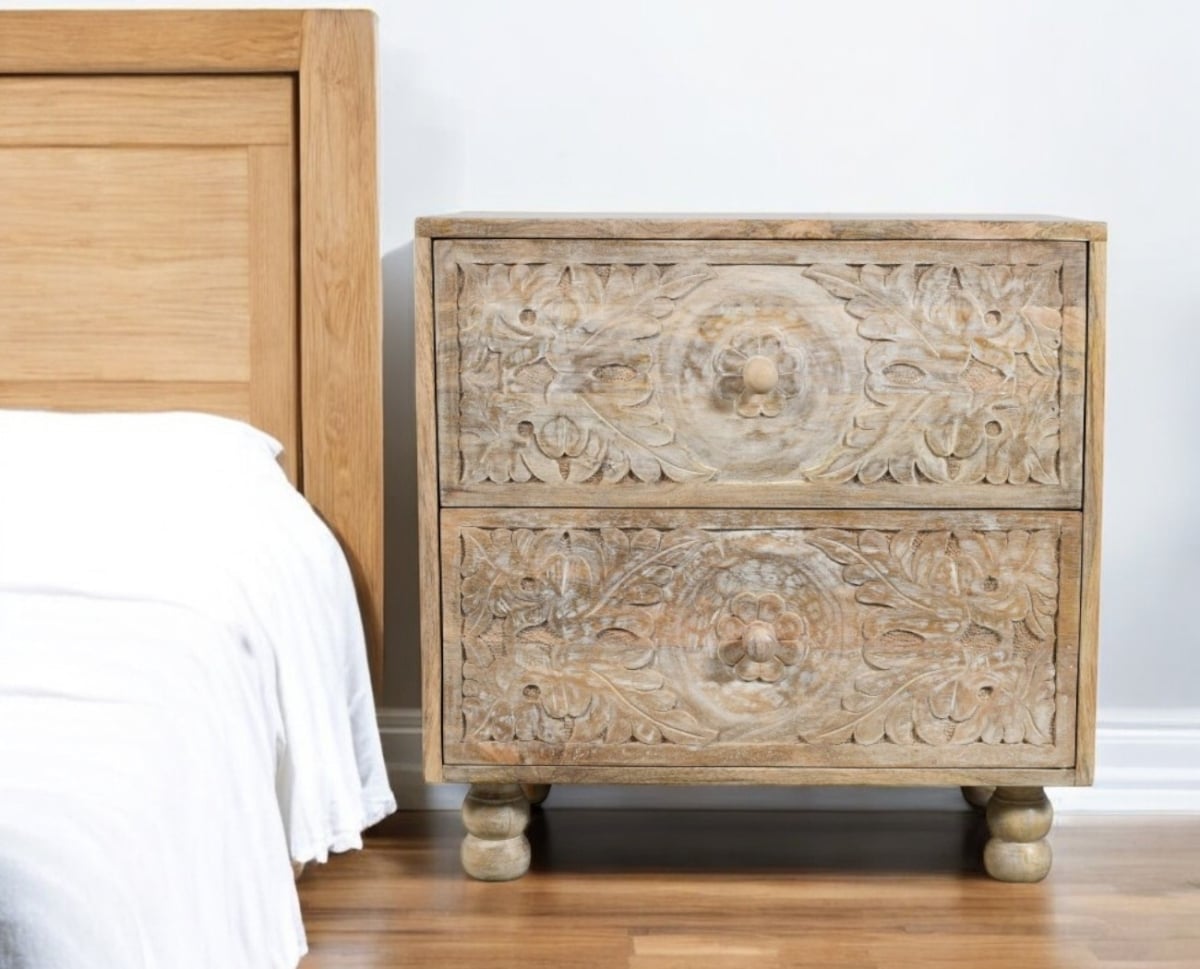 555403 24 in. Natural Two Drawer Distressed Carved Floral Solid Wood Nightstand