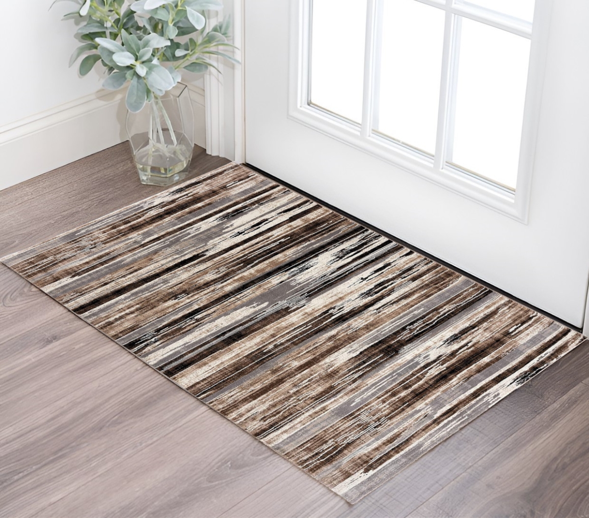 Abstract Washable Non-Skid Area Rug - Brown/Ivory/Tan - 2 x 3 ft - Durable Design
