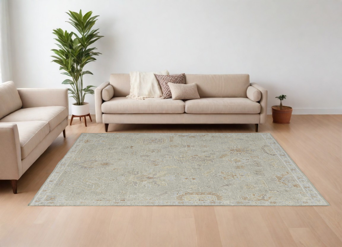 567203 8 x 10 ft. Wool Floral Hand Knotted Rectangle Area Rug, Gray & Brown