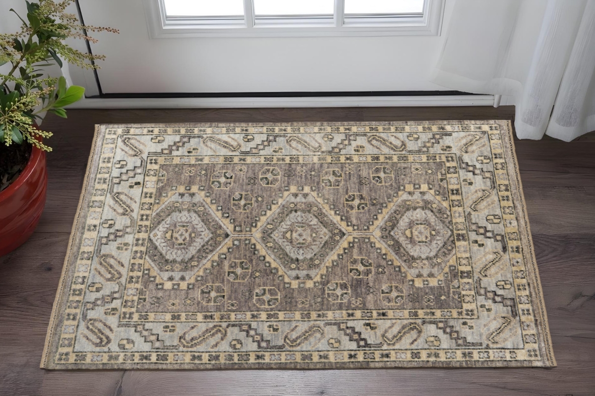 567082 2 x 3 ft. Wool Geometric Hand Knotted Rectangle Area Rug with Fringe, Gray & Brown