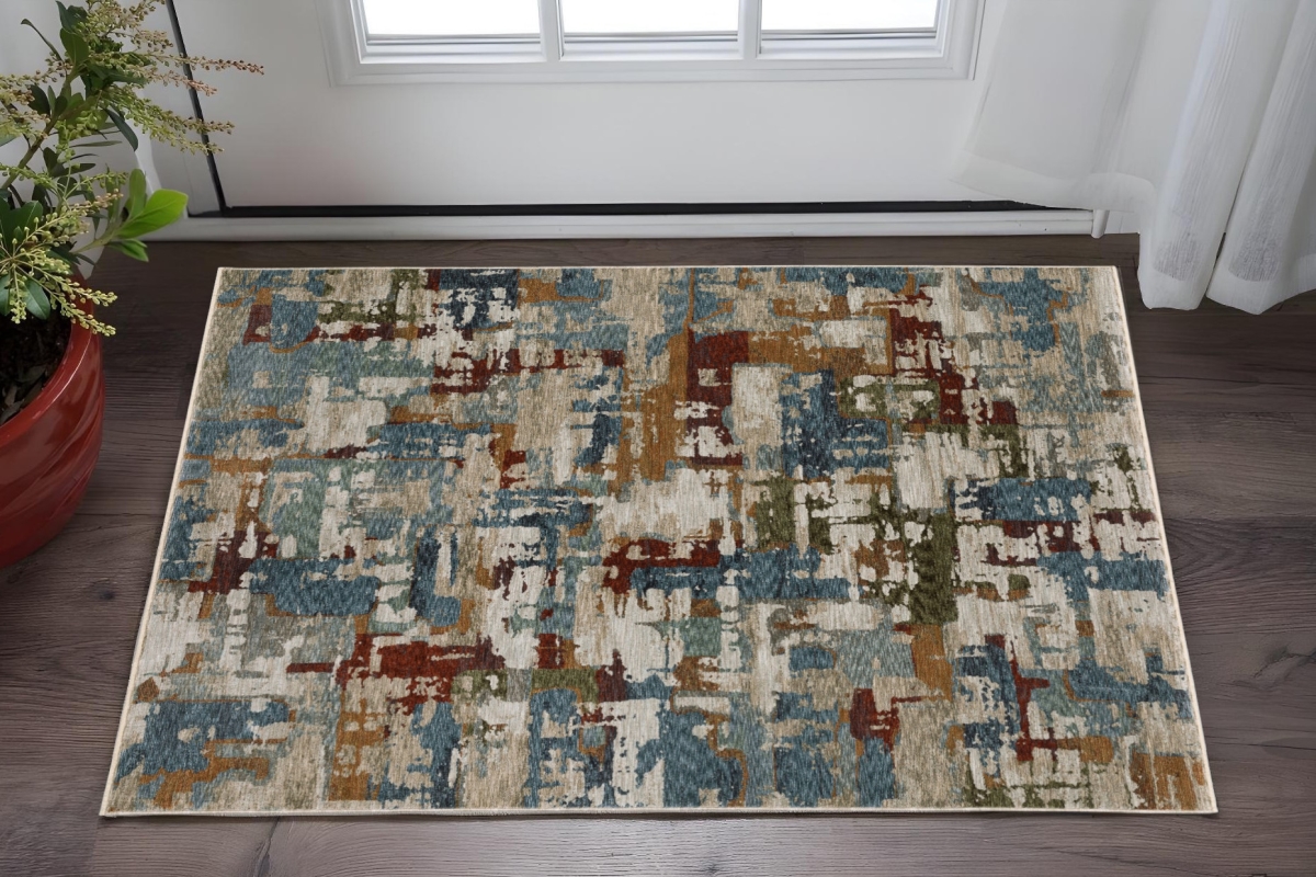 575418 3 x 5 ft. Abstract Rectangle Area Rug with Fringe, Beige, Teal & Brown