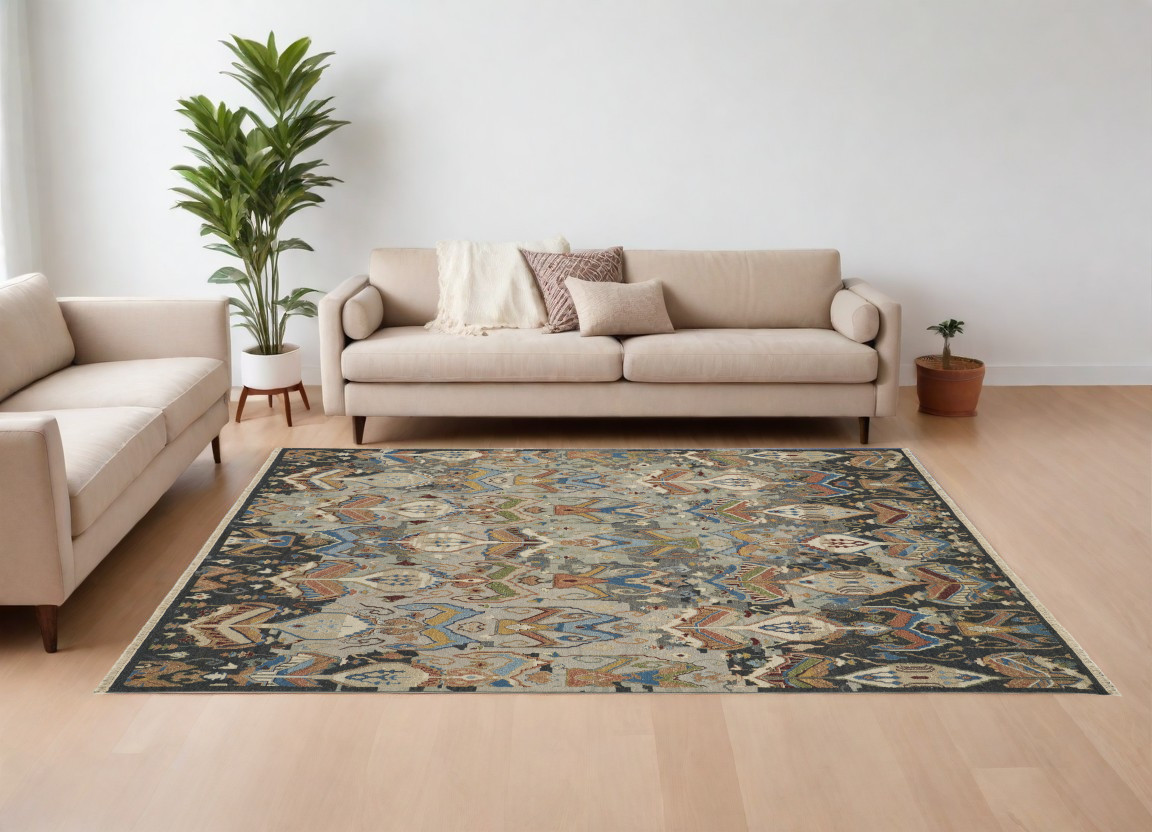 567342 6 x 9 ft. Wool Ikat Hand Knotted Rectangle Area Rug with Fringe, Blue, Gray & Brown