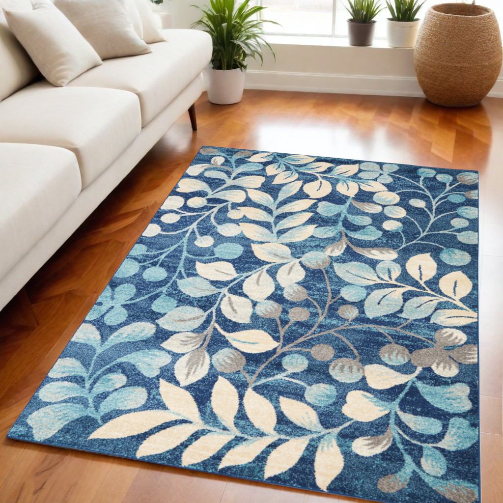 550986 5 x 7 ft. Botanical Leaves Rectangle Area Rug, Navy Blue & Beige