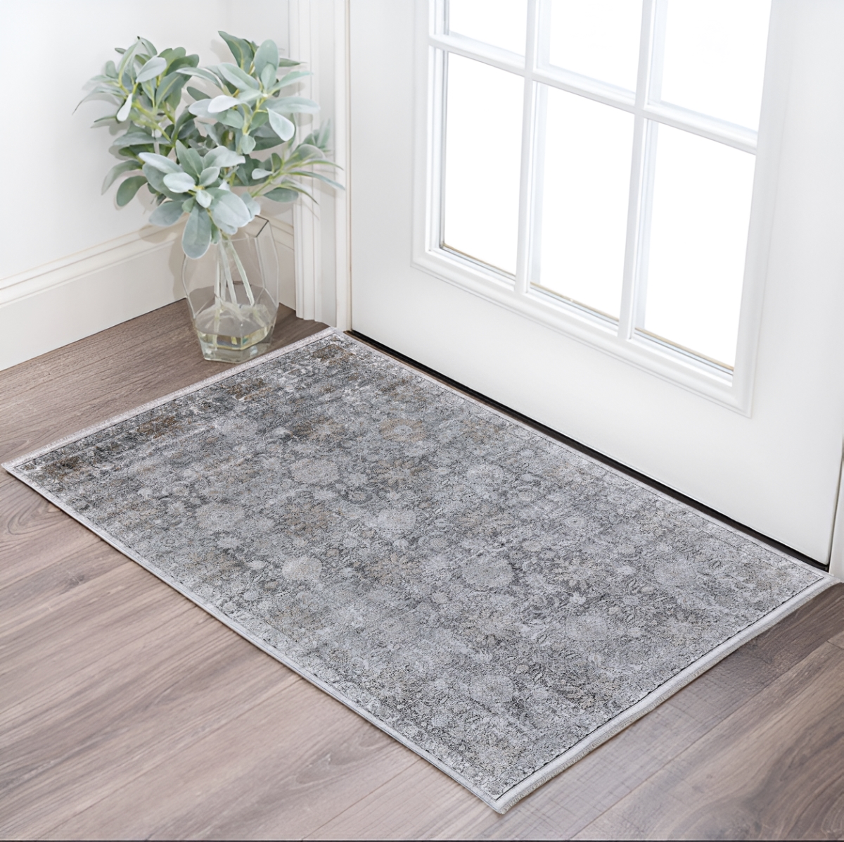 566358 2 x 3 ft. Damask Power Loom Worn Faded Rectangle Area Rug, Gray & Silver