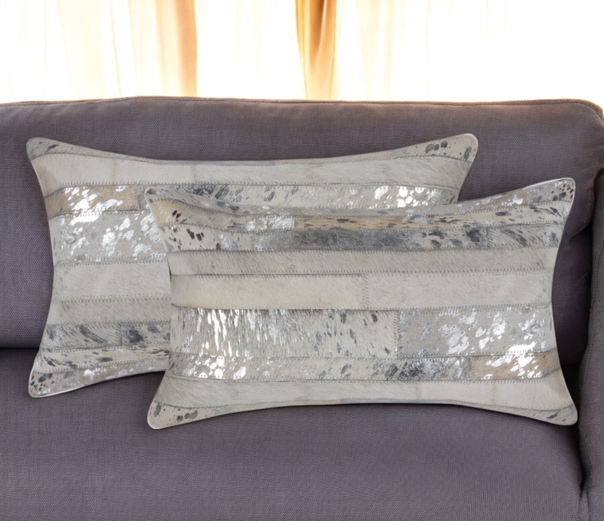 544633 12 x 20 in. Gray & Silver Striped Cowhide Lumbar Throw Pillows with Glitter - Set of 2