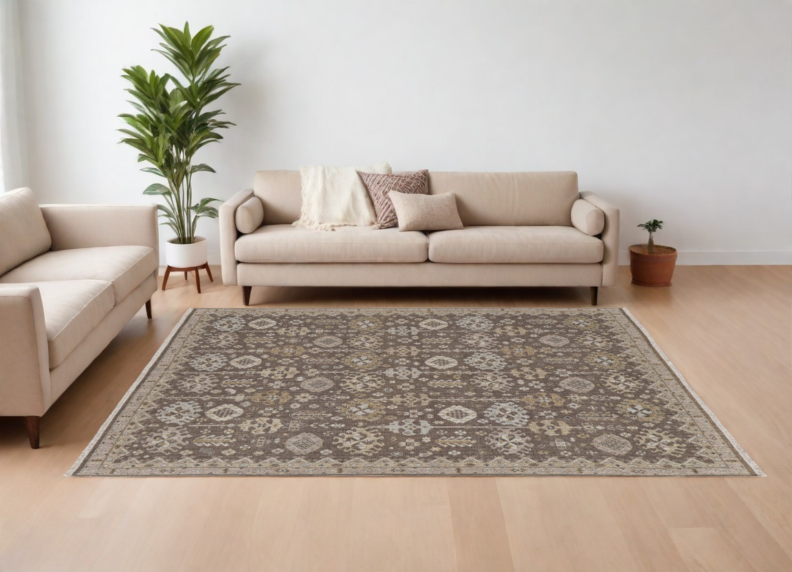566763 8 x 10 ft. Wool Oriental Hand Knotted Rectangle Area Rug with Fringe, Tan & Brown