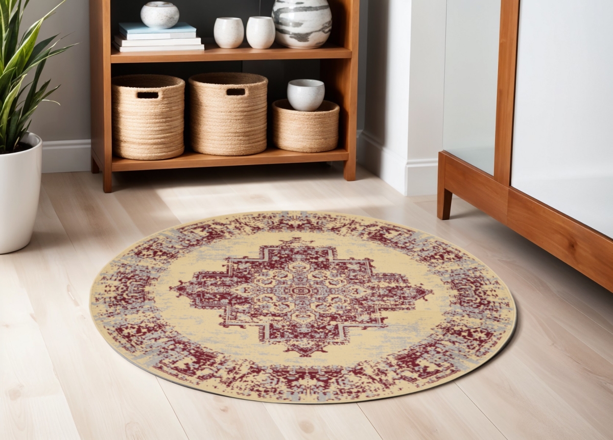 546086 5 ft. Medallion Distressed Non Skid Round Rug, Cream, Gray & Red