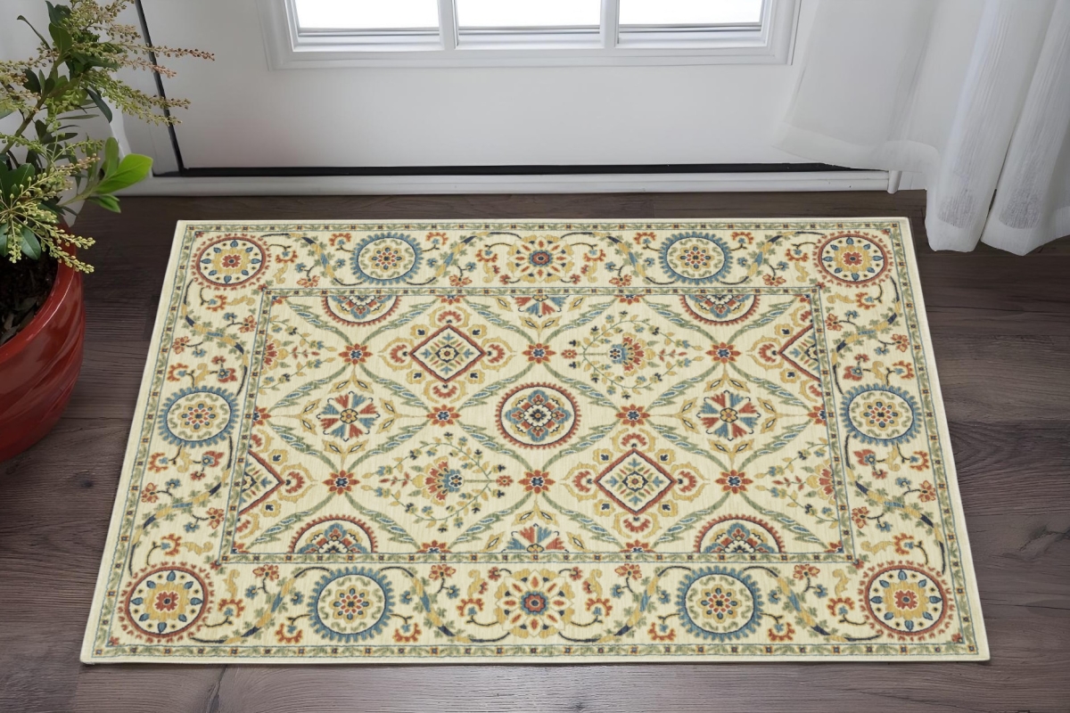 575231 3 x 5 ft. Oriental Rectangle Area Rug with Fringe, Ivory, Blue & Burnt Orange