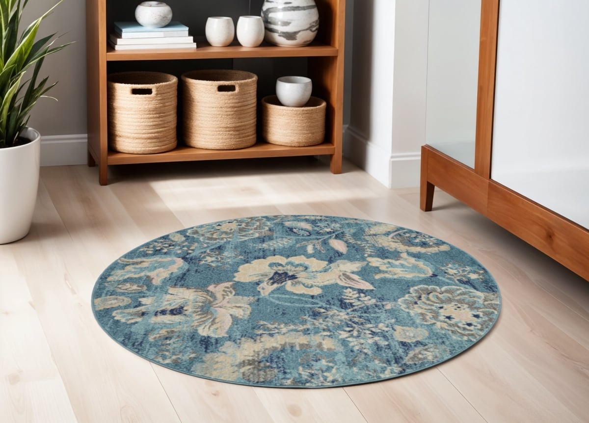 552385 5 ft. Floral Distressed Round Rug, Turquoise, Cream & Navy Blue